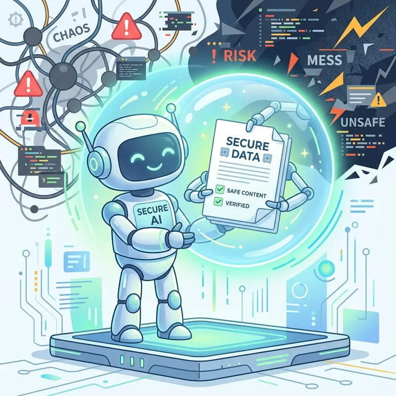 Illustration of an AI agent safely extracting clean document data from within a protective glass bubble, shielded from internet chaos