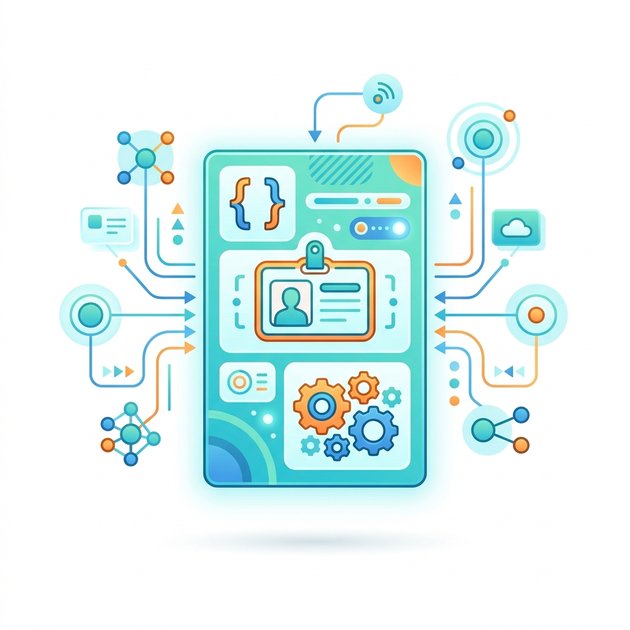A digital Agent Card floating in the air featuring simple icons representing JSON brackets, an identification badge, and gears representing skills. Other digital nodes connect to this card.