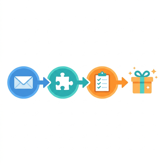 A linear workflow pipeline showing an envelope for Message, a puzzle piece for Part, a clipboard for Task, and a glowing gift box for Artifact connected by arrows.