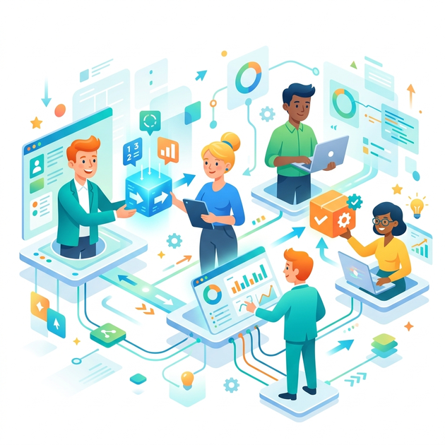 A clean, modern flat vector illustration showing a network of friendly digital assistants collaborating and passing structured data packets to each other in a bright, abstract digital workspace.