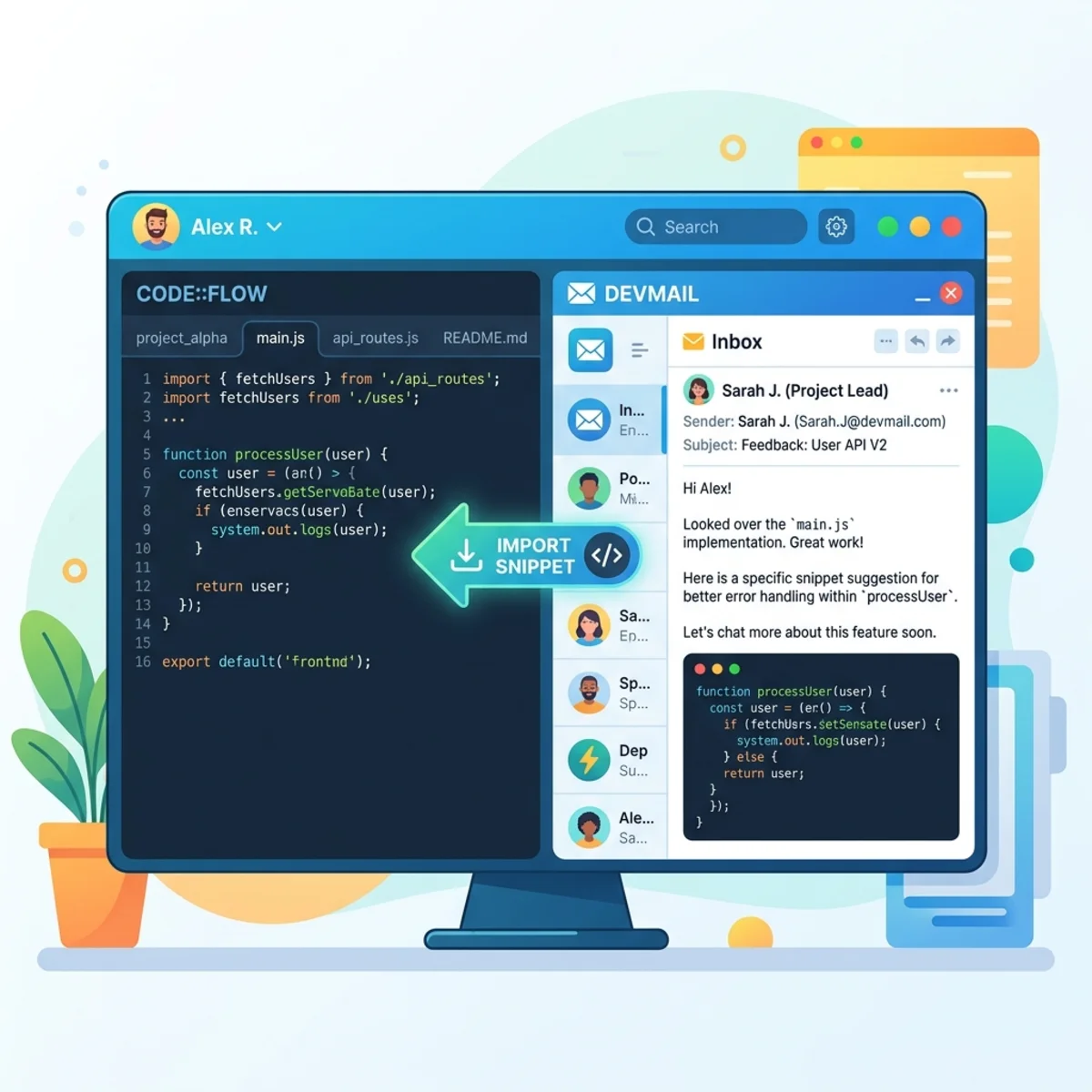 Mockup showing seamless integration between a developer terminal, code editor, and email envelope