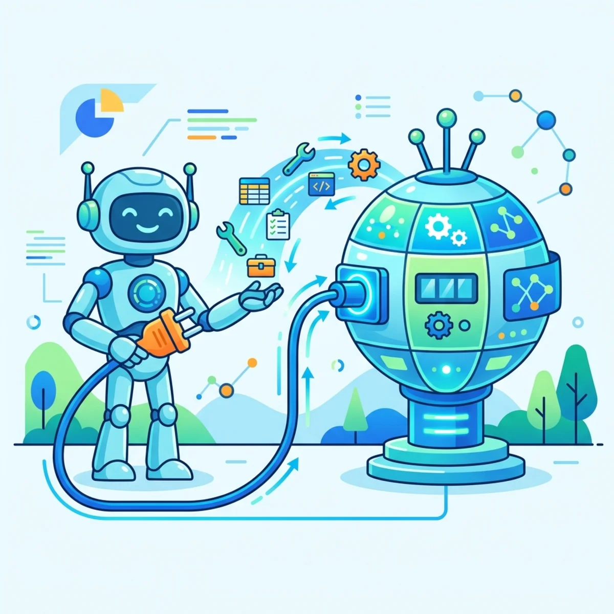 An AI agent connecting to a central MCP server plug to receive schema tools
